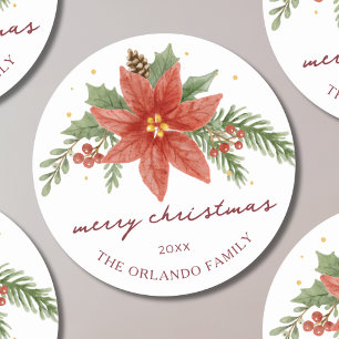 Merry Christmas Red Botanical Poinsettia Classic Round Sticker