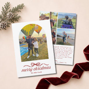 Merry Christmas Red Bow Arch Modern 4 Photo Family Holiday Card