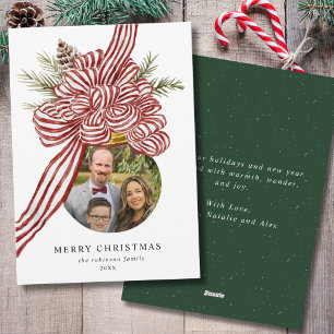 Merry Christmas Red Bow Family Photo Green Holiday Card