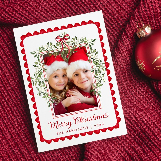 Merry Christmas Red Bow Greenery Watercolor Photo Holiday Card (Share the love and warmth of the holiday season with this personalized photo Christmas card)