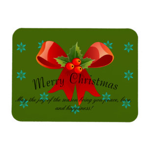 Merry Christmas Red Bow Holly and Snowflakes Magnet