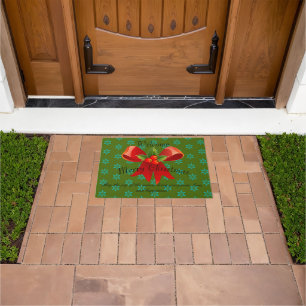 Merry Christmas Red Bow Holly & Snowflakes Welcome Doormat