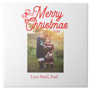 Merry Christmas red bow kids photo modern elegant Tile