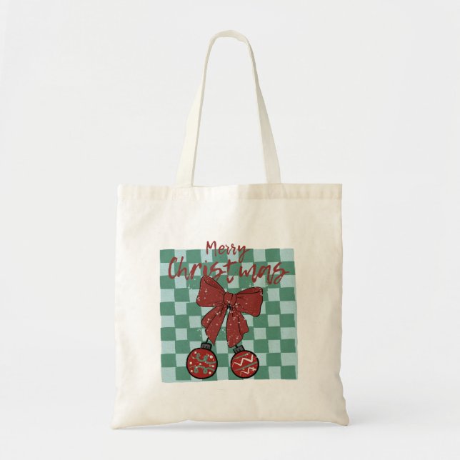 Merry Christmas Red Bow Ornaments Design Tote Bag (Front)