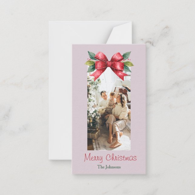 Merry Christmas Red Bow Personalised Photo Card (Front)