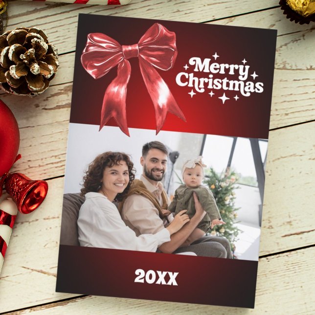 Merry Christmas red bow photo card (Creator Uploaded)