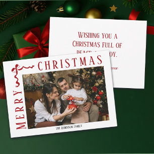 Merry Christmas Red Bow Photo Family Name Year Holiday Card
