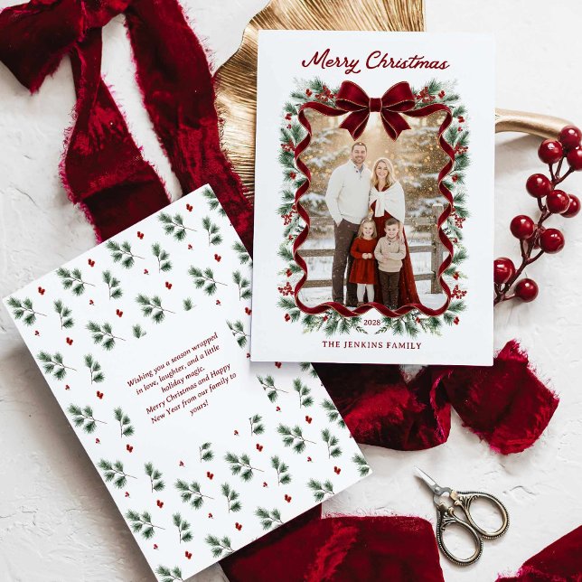 Merry Christmas Red Bow Photo Greeting Card (Green Garland with Red bow Photo Merry Christmas Card One Photo)