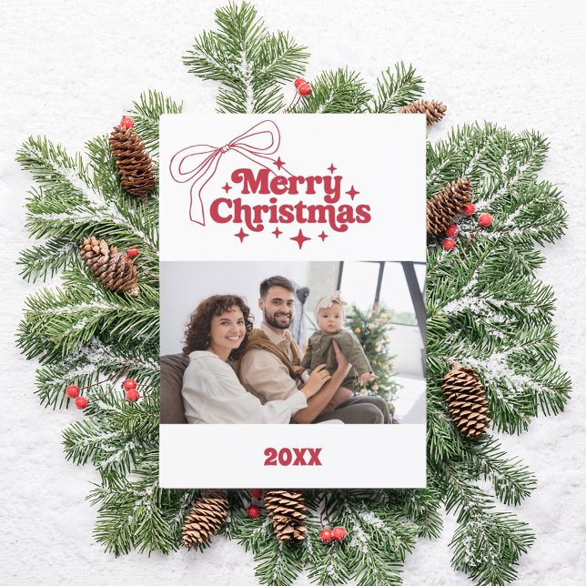 Merry Christmas red bow retro photo card (Creator Uploaded)