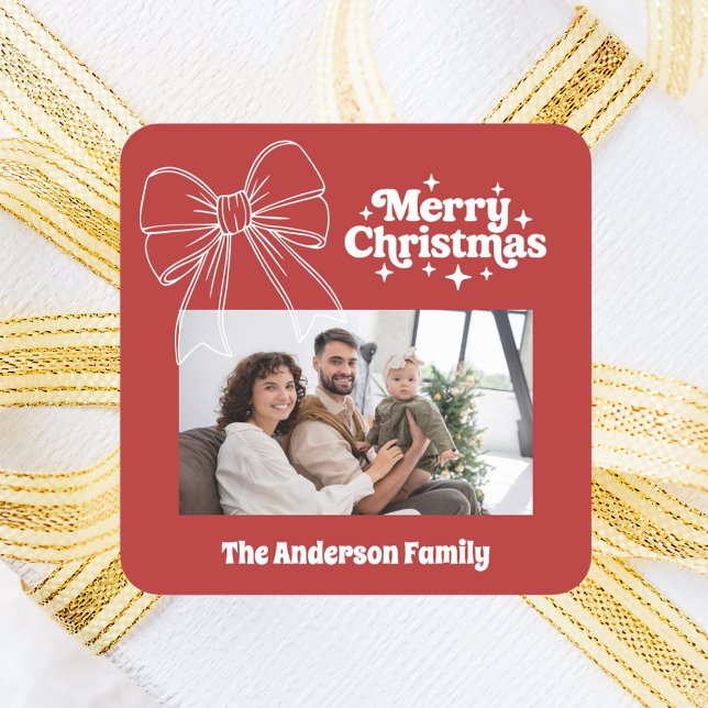 Merry Christmas red bow white photo Square Sticker (Creator Uploaded)