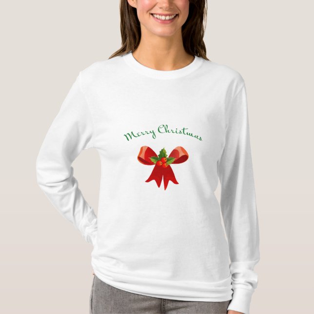 MERRY CHRISTMAS Red Bow with Holly Festive Modern T-Shirt (Front)