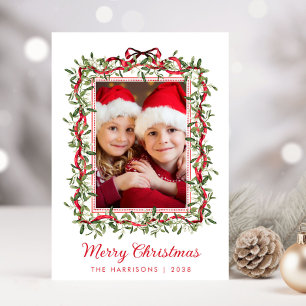 Merry Christmas Red Bows Greenery Watercolor Photo Holiday Card