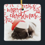 Merry Christmas Red Branches Custom Pet Photo Ceramic Ornament<br><div class="desc">Adorable square Christmas ornament with an adorable photo of a bulldog puppy wearing a santa hat. Keep the photo or exchange to one of your own pet!</div>