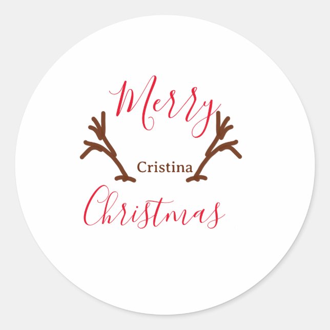 Merry Christmas red brown reindeer horn holiday te Classic Round Sticker (Front)