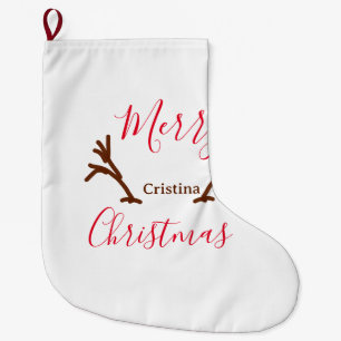 Merry Christmas red brown reindeer horn holiday te Large Christmas Stocking
