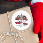 Merry Christmas Red Buffalo Plaid and Leopard Tree Classic Round Sticker<br><div class="desc">The sticker design features trendy and stylish Christmas trees decorated in festive buffalo plaid and chic leopard prints. The bold mix of red and black plaid along with the leopard accents brings a vibrant, playful touch to the season. Below the trees, there’s a space to customise with your name and...</div>