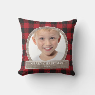 Merry Christmas Red Buffalo Plaid Burlap Photo Cushion