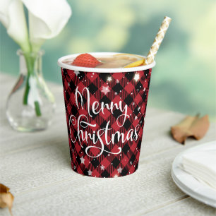 Merry Christmas Red Buffalo Plaid Holiday Party Paper Cups