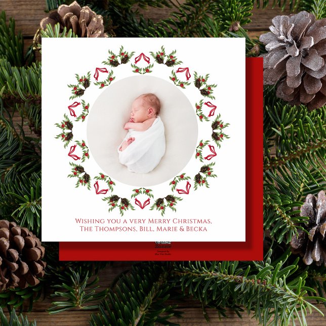 Merry Christmas Red Calligraphy One Photo Holiday Card (Christmas holiday greenery and pine cones wreath mandala design square photo card. )