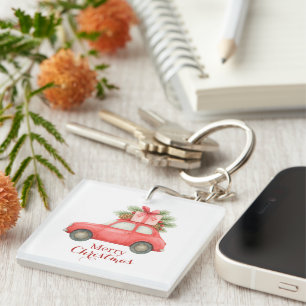 Merry Christmas Red Car – Personalized Holiday Key Ring