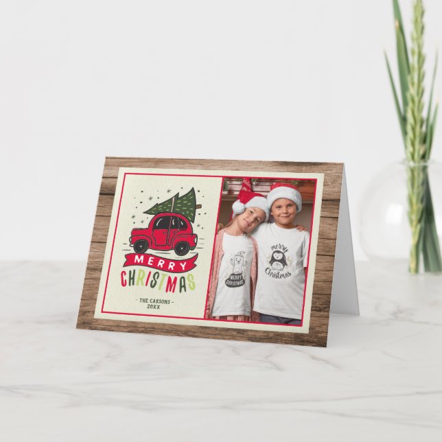 Merry Christmas Red Car Photo Rustic Wood Holiday Card (Front)