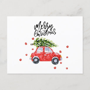 Merry Christmas red car with Christmas tree   Card