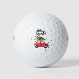Merry Christmas red car with Christmas tree Golf Balls
