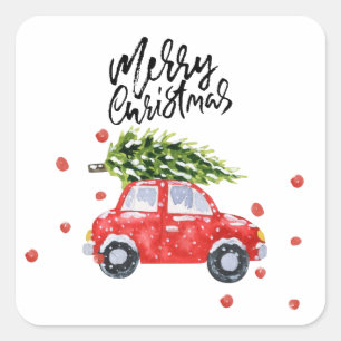 Merry Christmas red car with Christmas tree white  Square Sticker
