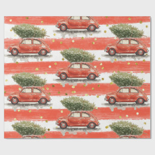 Merry Christmas red car with Christmas tree Wrap Wrapping Paper