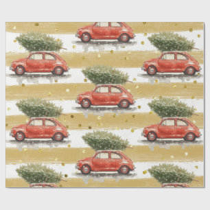 Merry Christmas red car with Christmas tree Wrap Wrapping Paper