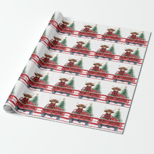 Merry Christmas red car with Christmas tree   Wrapping Paper