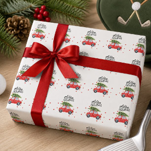Merry Christmas red car with Christmas tree   Wrapping Paper