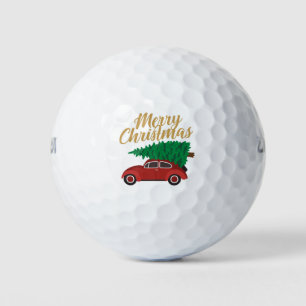 Merry Christmas Red Car With Tree Holidays Golf Balls