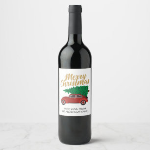 Merry Christmas Red Car With Tree Personalised Wine Label
