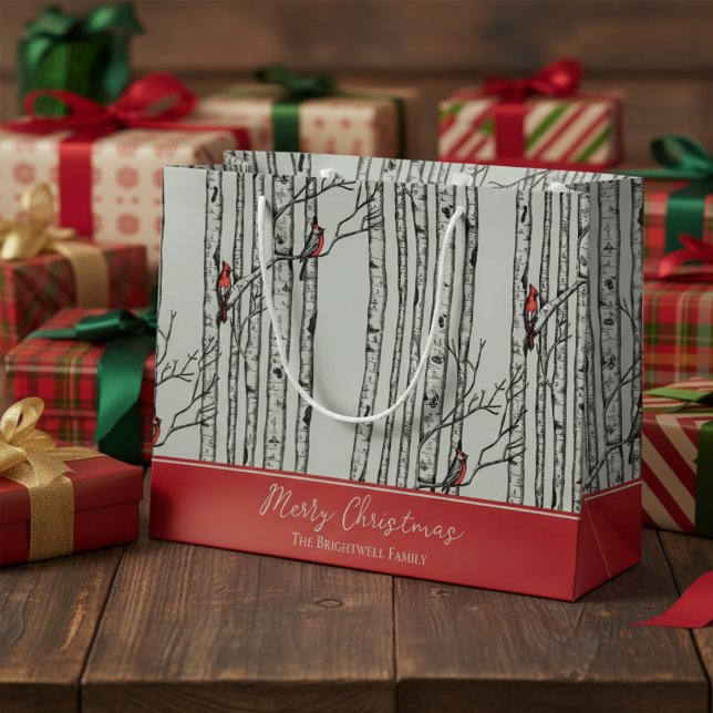 Merry Christmas Red Cardinal Bird & Birch Tree Large Gift Bag (Modern Nature Wildlife Pattern. Hand Drawn Cardinal Birds in Winter Birch Tree Forest. Red & Green)