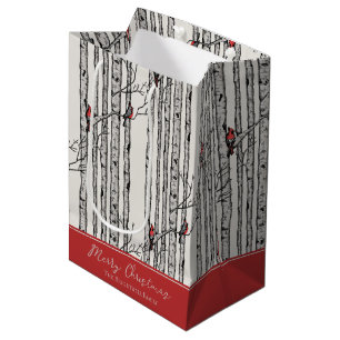 Merry Christmas Red Cardinal Bird & Birch Tree Medium Gift Bag