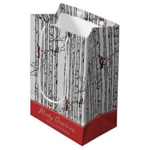 Merry Christmas Red Cardinal Bird & Birch Tree Medium Gift Bag