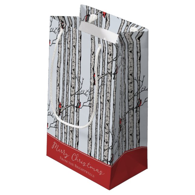 Merry Christmas Red Cardinal Bird & Birch Tree Small Gift Bag (Back Angled)