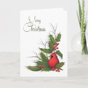 Merry Christmas, Red Cardinal Bird, Holly, Berries Holiday Card