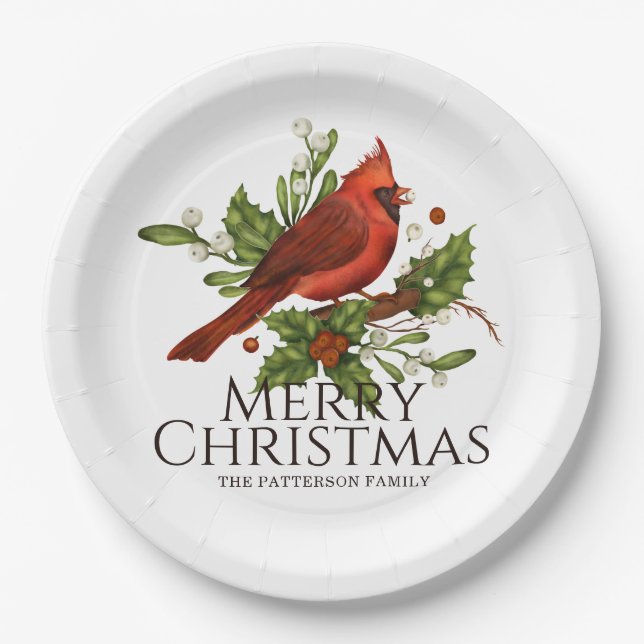 Merry Christmas Red Cardinal Holly Personalised Paper Plate (Front)