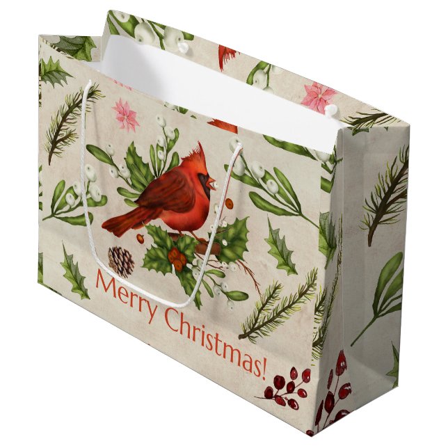Merry Christmas Red Cardinal  Large Gift Bag (Front Angled)