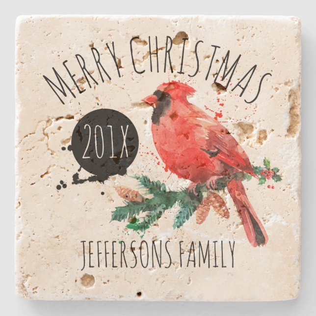 Merry Christmas-Red Cardinal & Mistletoe Stone Coaster (Front)