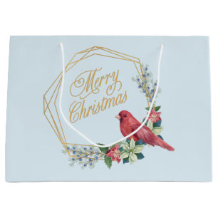 Merry Christmas Red Cardinal, Poinsettia, Berries Large Gift Bag