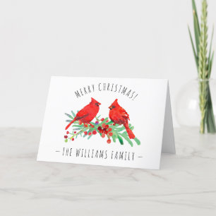 Merry Christmas Red Cardinals Holly Holiday Card