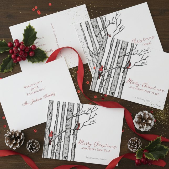 Merry Christmas Red Cardinals on Birch Branches Holiday Postcard (Modern Red Cardinal Birds in Birch Trees Illustration in Black Ink. Simple Script Christmas Postcard)