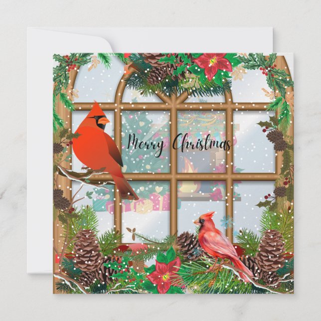 Merry Christmas Red Cardinals on Window Branches Holiday Card (Front)