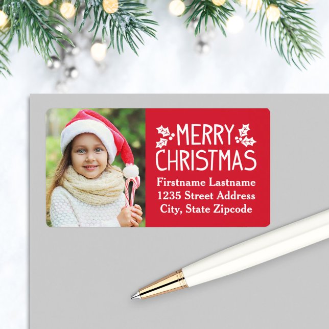 Merry Christmas Red Custom Photo Return Address Label (Creator Uploaded)