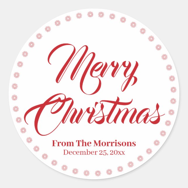 Merry Christmas red custom script name favours Classic Round Sticker (Front)