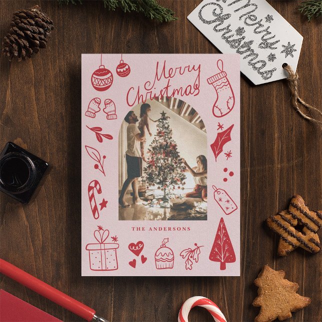 Merry Christmas Red Cute Hand Drawn Doodles Holiday Card (Creator Uploaded)
