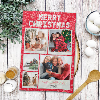 Merry Christmas Red Doodles 5 Photo Family Gift Tea Towel